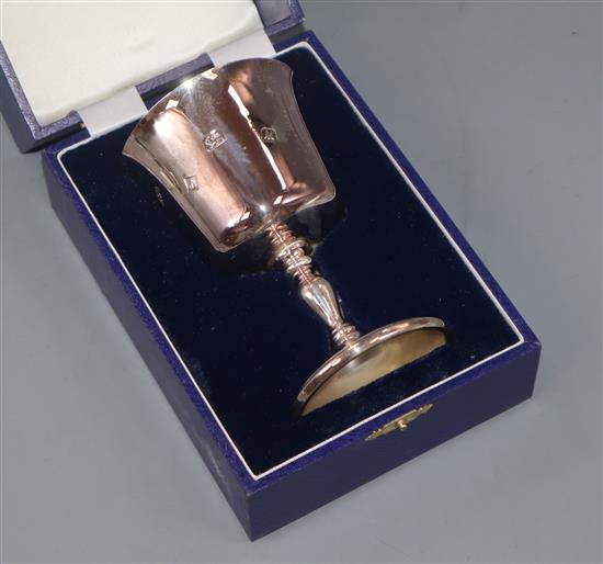 A set of four modern silver wine goblets, individually boxed with presentation inscriptions to the boxes, 25.5 oz.